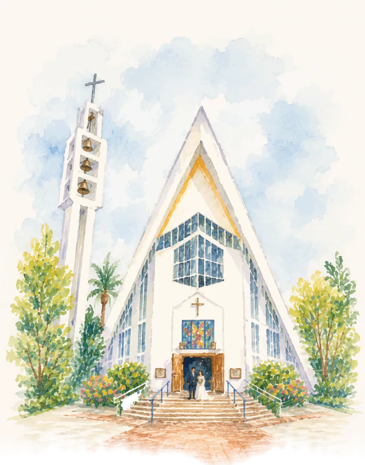 Watercolor painting of St. Francis of Assisi Cathedral, Ernakulam, with the couple at its door