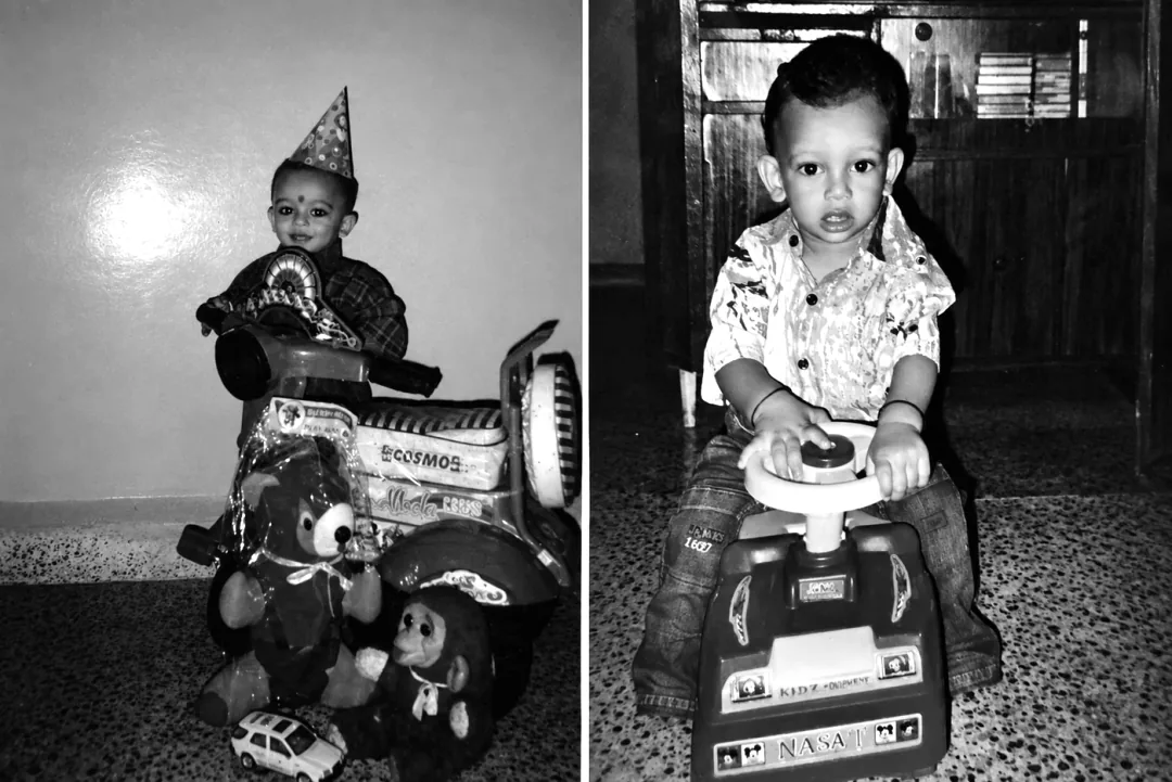A childhood photograph of a little boy riding a toy car