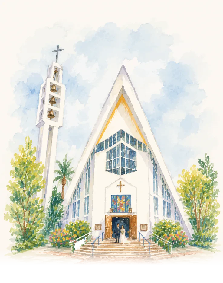 Watercolor painting of St. Francis of Assisi Cathedral, Ernakulam, with the couple at its door