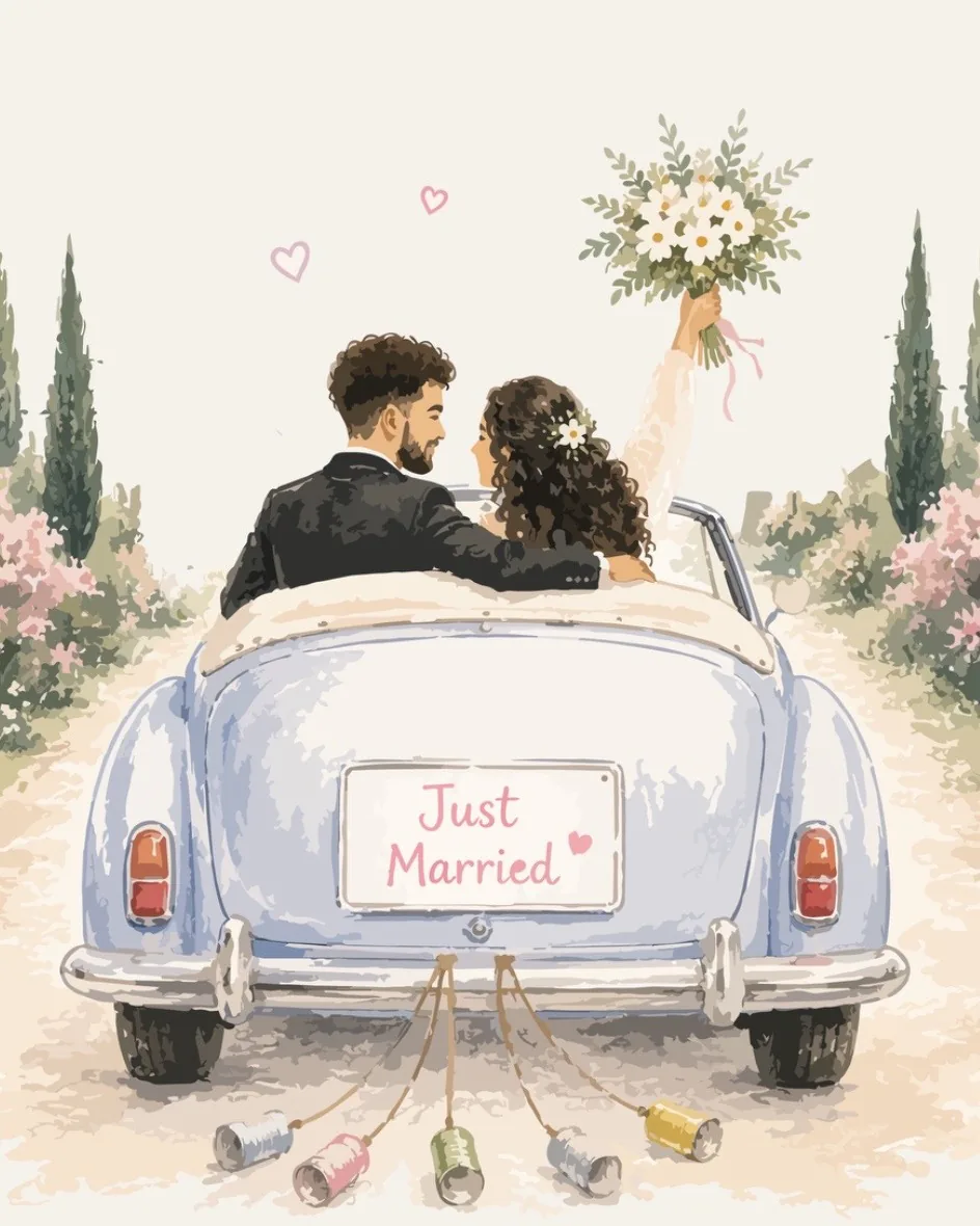 Stefina and Bosco driving away, just married