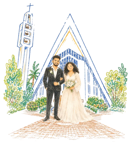 Watercolour of Bosco and Stefina before St. Francis of Assisi Cathedral